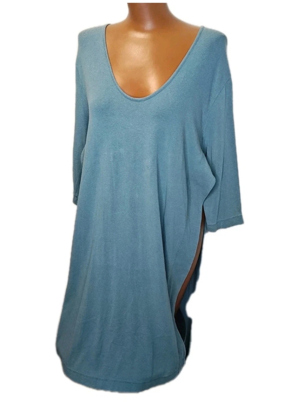Free People Long Split Sides Tunic Sz Med Blue 3/4 Sleeve Lounge Beach Cover-up